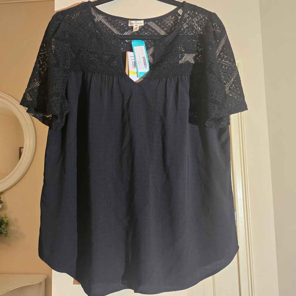 Mason & Belle Jazmine Lace Detail Blouse Black Short Sleeve V-Neck JFW7542PTC M